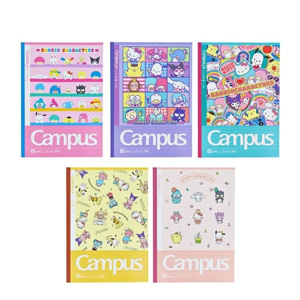 サンリオキャラクターズ柄のドット入りキャンパスノート5冊パックです！1冊30枚ノートです。本体サイズ：W179×H252×D20mm(5冊パック時)重量：592g材質：紙5冊パック（5柄）、中紙30枚、A罫（7ｍｍ幅×30行）