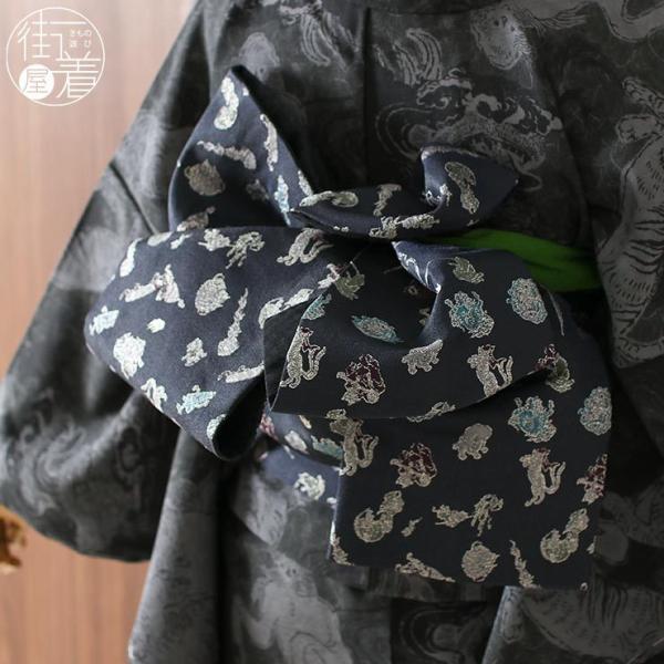 撫松庵 [ 日本製 ］半巾帯 細帯 妖怪金襴 濃紺（101-102-001-78）紺 黒