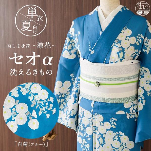 [召しませ花 セオα] 着物 単衣 白菊 (ブルー) 洗える着物 涼花 東レ 単衣着物 浴衣 夏きもの 洗濯 菊 キク 花柄 広衿 レディース 婦人 日本製 fj606s