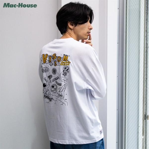 VISION STREET WEAR Tシャツ メンズ 綿100% 長袖 宇宙イラスト クルー