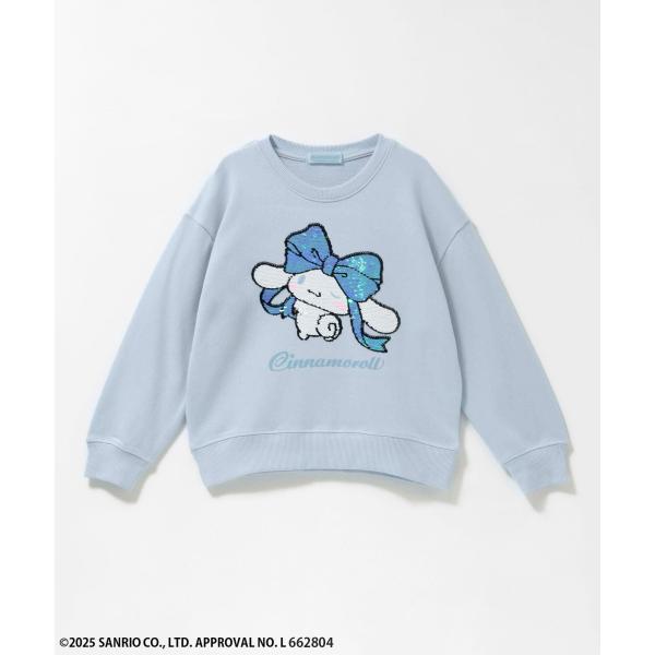 シナモロールがかわいいトレーナー。カラーは、サックスです。■デザインビッグリボンを頭に乗せたキラキラスパンコールがキュートな一枚。着ごこちのよいゆるっとしたシルエットです。■ポイントお下がりもしやすいネームタグ付き。通園・通学からお出かけま...