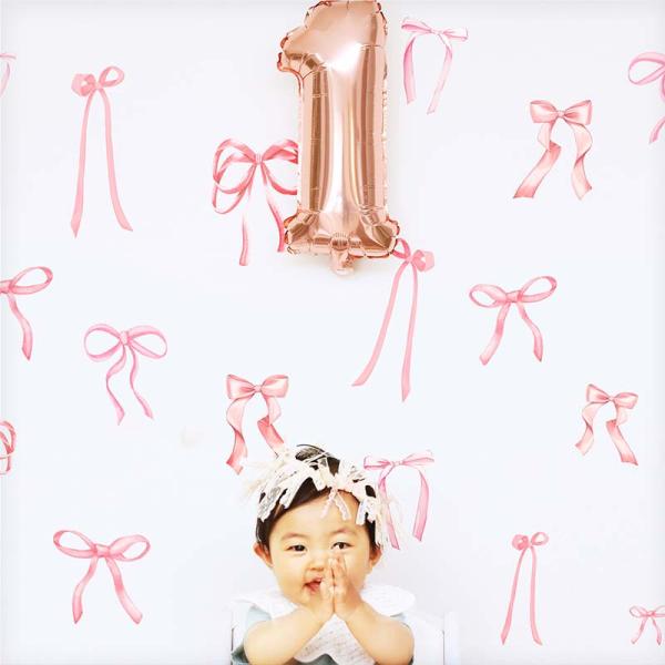 ウォールステッカー バースデー 誕生日 【スウィートリボン】 はがせる 壁 シール 韓国テイスト 壁紙 飾り 飾りつけ ハーフバースデー 1歳 受注印刷