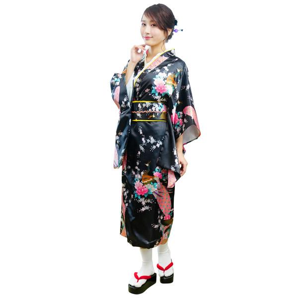 レディース着物 黒孔雀 仮装用 着物 コスプレ 衣装 帯は紐を結ぶ簡易