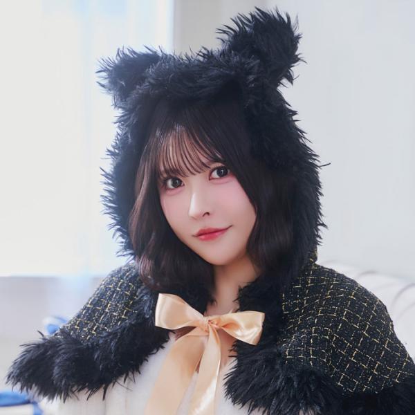 ツイードキャットケープ 黒猫 ケープ ハロウィン コスプレ フード付きケープ