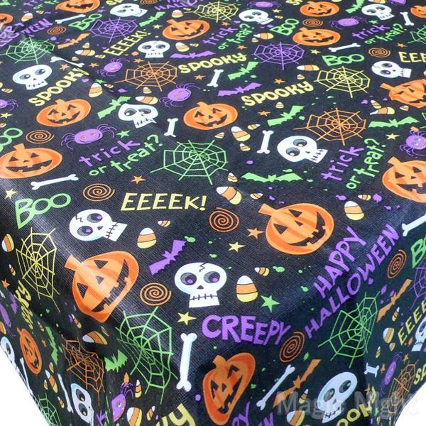フランネルバックテーブルカバー スプーキー ビニール製 テーブルクロス パンプキン総柄 ブラック 132×229cm ハロウィン グッズ