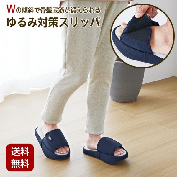 スリッパ 下半身 骨盤 ゆるみ対策 ネイビー 引き締め 筋トレ 太もも ふくらはぎ お尻 室内 トレーニング 体幹 美脚 幅広 サイズゆるみ対策スリッパキュキュッパ コジット L 25〜27cm Ｗの傾斜で骨盤底筋が鍛えられる。内側傾斜にな...