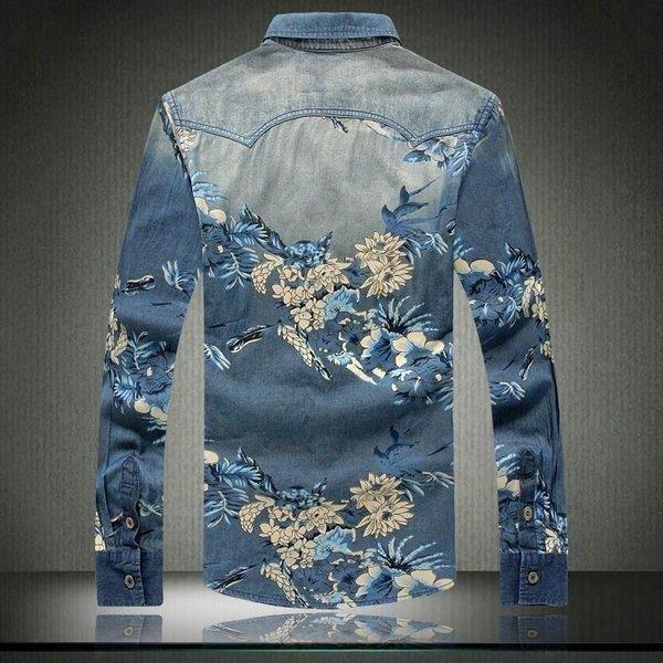 決算特価商品 長袖シャツメンズカジュアルシャツデニム花柄フラワーシャツスト 長袖シャツメンズカジュアルシャツデニム花柄フラワーシャツ ストレッチ大きいサイズおしゃれ細身トップス シャツ カジュアルシャツ Dagl Tg