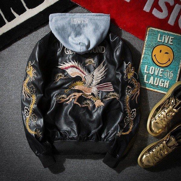 絶対一番安い ブルゾン レザージャケット メンズファッションカッコウイイ 薄手春秋 竜刺繍 鷹 フード取り外し可能 フライトジャケット アウターアウトドア ライディング 革ジャン ライダースジャケットpuレザーフード付きメンズ ジャケット
