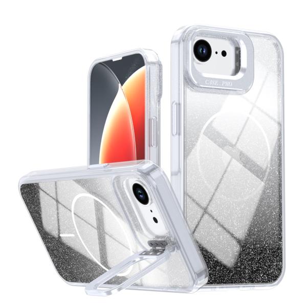 iPhone 16e/iPhone 17e通用 TPU 硬質 ラメ入り バックカバー ケース 衝撃吸収  横置きスタンド付き カメラレンズ保護 紫