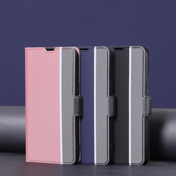 arrows We2 F-52E用 高級PUレザー TPU ツートン 手帳型 フリップ ケース 保護ケース スタンド機能 マグネット付 カード入れ付 紺