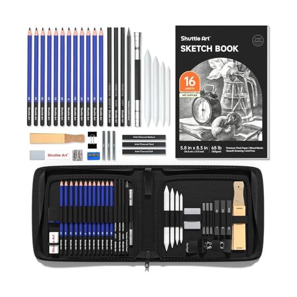 Shuttle Art スケッチ鉛筆 デッサンツール 子供や大人も適用な絵具 37点 ポップアップ式 ポータブル 収納ケース付き 素描初心者 ア