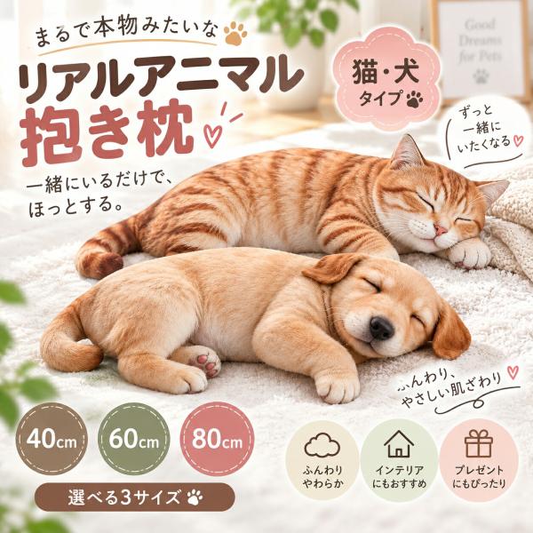 リアルアニマル抱き枕 猫 犬 ぬいぐるみ クッション 40cm 60cm 80cm 抱き枕 リアルプリント ふわふわ PP綿 癒し系 インテリア プレゼント 動物好き 柔らかい