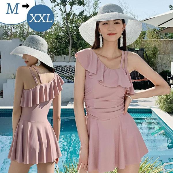 水着 ワンピース レディース ママ 体型カバー ショートパンツ ぽっちゃり 細見え 肩出し かわいい 無地 ブルー ピンク トレンド水着 フリル ワンショルダー 人気