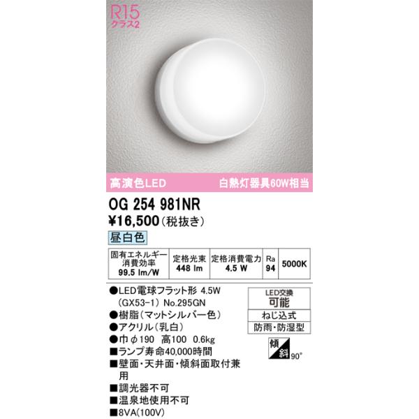 オーデリック　OG254981NR(ランプ別梱)　エクステリア ポーチライト LEDランプ 昼白色 防雨・防湿型 マットホワイト