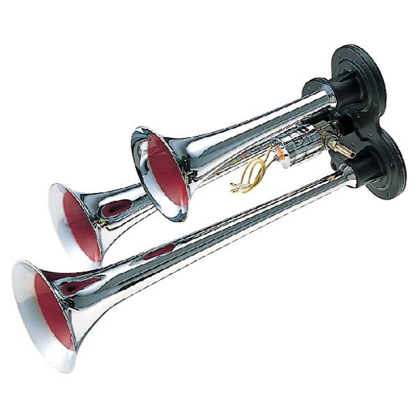 それぞれ長さが異なる3連のラッパのエアーホーンです。24V車用。＜製品仕様＞電圧：　DC24Vサイズ：約350mmラッパ部カラー：クロームメッキエアーホーンですので、エアーがないと鳴りません。（エアータンクやコンプレッサーなど必要に応じて別...