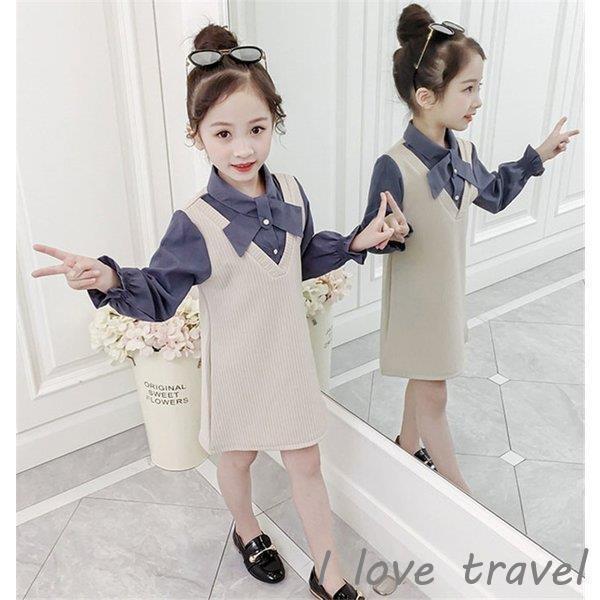 子供服ワンピースキッズ女の子長袖おしゃれ春秋韓国子供服ジュニアシャツワンピース膝丈折襟子供ドレスdressカジュアル可愛い遠足通学着 人気デザイナー