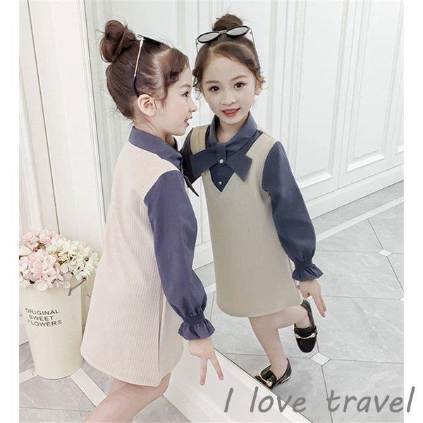 子供服ワンピースキッズ女の子長袖おしゃれ春秋韓国子供服ジュニアシャツワンピース膝丈折襟子供ドレスdressカジュアル可愛い遠足通学着 お気にいる