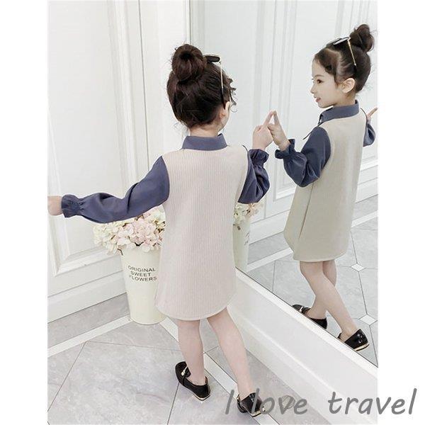 子供服ワンピースキッズ女の子長袖おしゃれ春秋韓国子供服ジュニアシャツワンピース膝丈折襟子供ドレスdressカジュアル可愛い遠足通学着 お気にいる