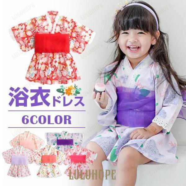 浴衣 ドレス 女の子 ベビー キッズ ワンピース 赤ちゃん 子供 リボン 夏祭り 花火大会 2点セット(浴衣ドレス＋帯) 浴衣セット 子供浴衣 ゆかた こども用 子ども ゆかたドレス 90 100 110 120 130カラー：A B C ...