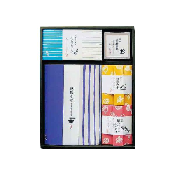 ■商品情報越前そば120ｇ×3（めんつゆ20ml×3）精進味噌20g×12、花らっきょう130ｇ、胡麻豆腐115ｇ、みそだれ15g、へしこふりかけ50ｇ