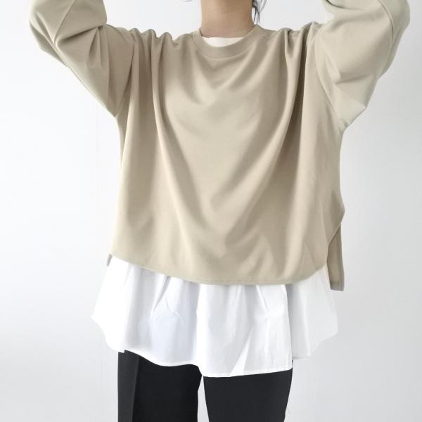 梨地ショート丈 アンサンブル 長袖 プルオーバー（BEIGE）＆ 裾フレア タンクトップ | レディース トップス レイヤードカジュアル
