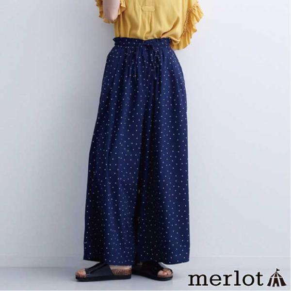 ドット柄 ギャザー ワイドパンツ merlot メルロー 0527 レディース ゆったりシルエット