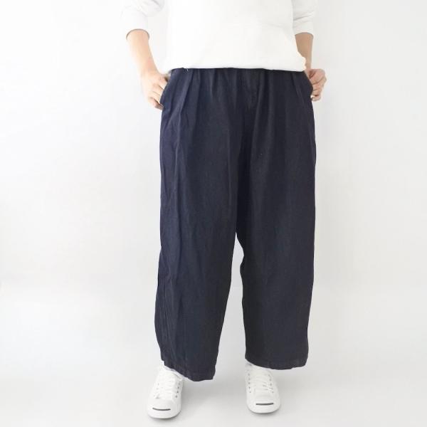 ワッシャー ダンプ デニム サーカス パンツ (ネイビー) レディース ボトムス 大きめシルエット ワイド カジュアル