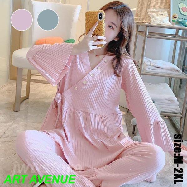 【素材】：綿【カラー】：グリーン,ピンク【サイズ】　M   バスト100  着丈66   袖丈53 　肩幅40  ズボン丈94  ヒップ104  身長参考150-155cm  体重参考40-55kg   L   バスト102  着丈68  ...