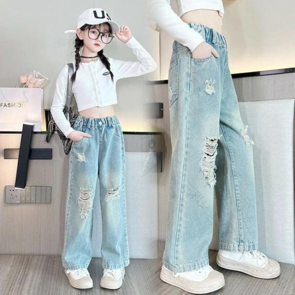女の子 ダメージデニムパンツ キッズ ジーンズ 人気 ストレートフィット 110cm 120cm 130cm 140cm 150cm サイズ展開豊富 長ズボン 子ども服 おしゃれ ジュニア