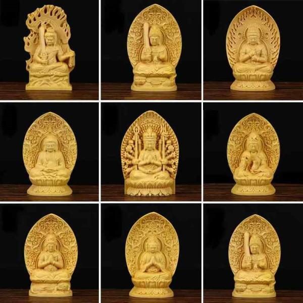 観世音菩薩 黄楊木 木彫り 八大守護神 手彫り 研磨 小型仏龕 置物 インテリア 東洋アート 木製彫刻 美術品 現代芸術 ホームデコ 和風飾り 仏像 工芸品 守り仏