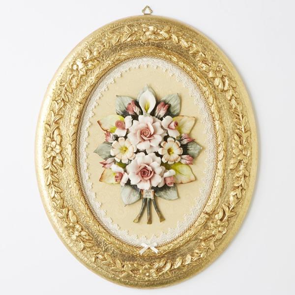 イタリア製 フレーム 配送員設置送料無料 フラワーポーセリン ポーセリン 陶花 花 陶額 額 壁飾り オーバル 楕円 絵画 イタリア額絵 ヨーロッパ雑貨 壁掛け クラシック