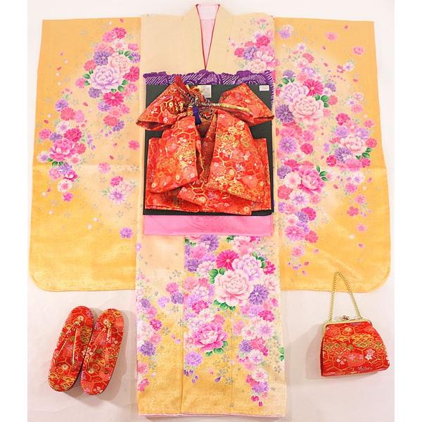 七五三 7歳 フルセット 正絹 着物 着付け小物 女の子 正絹 七五三 7歳 着物セット 女の子 御所車に檜扇 赤 SP34 753