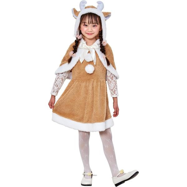 ●商品説明：肌触りのよいプードルファーを使用したもこもこコスチューム。裏地は付いていませんがボリューム感があります。白いツノと耳、幅広のサテンリボン付きのケープは顔回りを華やかに見せてくれます！またジャンパースカートタイプなのでニットやブラ...