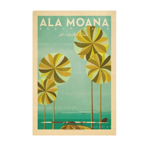 ニックカッチャー ハワイトラベルプリント Ala Moana Beach Park【Nick Kuchar  nickkuchar  ハワイ ハワイアンアート ハワイアン雑貨  ポスター 絵】