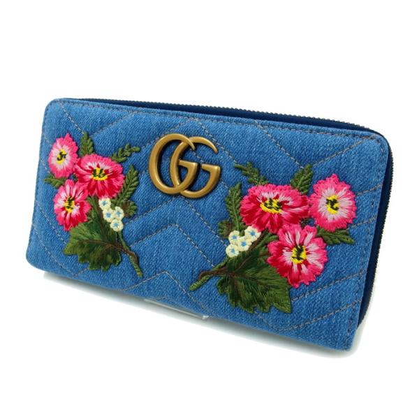 日本限定 グッチ GGマーモント デニムジップアラウンドウォレット フラワー刺繍 GUCCI（グッチ） GGマーモント ジップアラウンドウォレット 443123