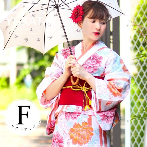 浴衣 レディース 単品 大人 大人浴衣 女性浴衣 浴衣単品 ゆかた フリー レトロ モダン オレンジ 赤 レッド 白 ホワイト 花柄 U アンココン Uncocon 通販 Yahoo ショッピング