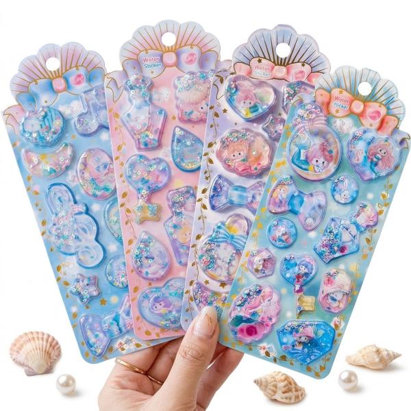 ウォーターシール 4枚セット 人魚 マーメイド ゆめかわ ぷくぷくシール キラキラ パステル3D 立体 大きめ 手帳 かわいい