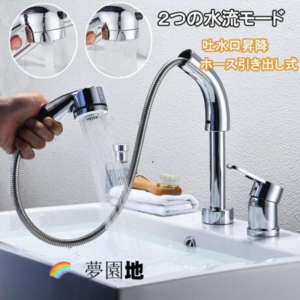 洗面台蛇口 洗面水栓 ２つの水流モード °回転 吐水口昇降 ツーホール式 洗髪用 シングルレバー混合栓 穴台付き ホース引き出し式 取り付けホース付き