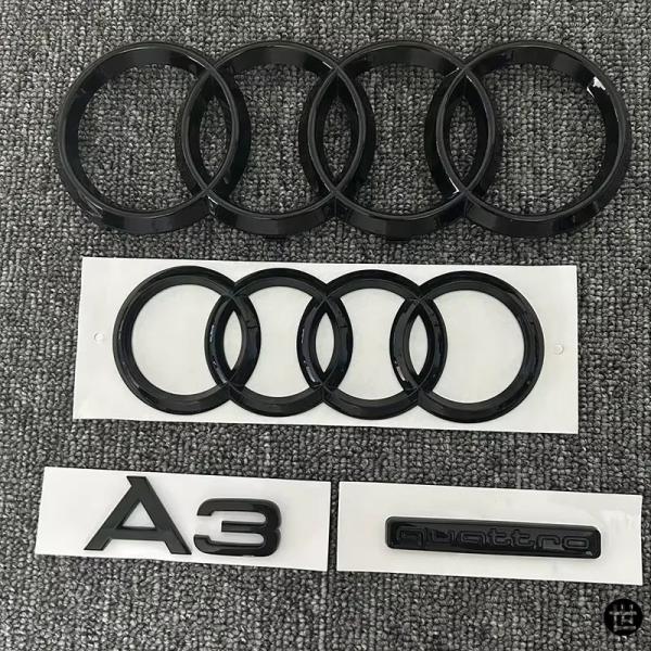 4リングロゴ ABS ブラック 車フード フロントボンネットグリル リアトランク エンブレムステッカー A3マーク クワルトエンブレム アウディ A3 2010-現在用
