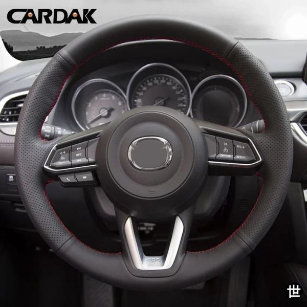 CARDAK ブラック人工革 手縫い カーステアリングホイールカバー マツダ