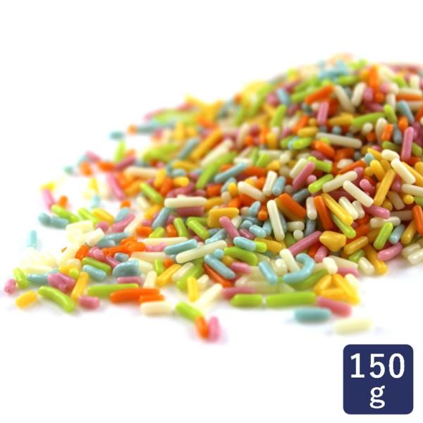 直径約1mmの細長い円柱状をした、天然色素使用の6色（白・黄・青・緑・橙・桃色）の準チョコレートです。