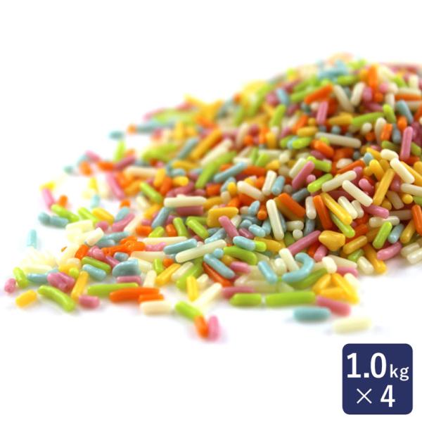 直径約1mmの細長い円柱状をした、天然色素使用の6色（白・黄・青・緑・橙・桃色）の準チョコレートです。