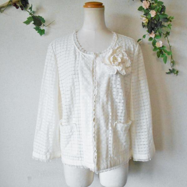 美品大サイズ11 Lインゲボルグ INGEBORGノーカラージャケット花モチーフ INGEBORG インゲボルグ お花 モチーフ 付き レディース 用