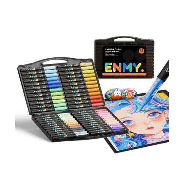 ENMY 48色セット 直液式 アクリルマーカー イラストマーカー 水性 筆ペン アートマーカー 美術 漫画 ファブリック 編み物マーカー キャ