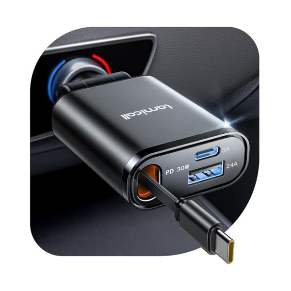 【超Ｍiniサイズ】Lamicall 車充電器 巻取り式 シガーソケット：タイプC PD30W/PPS対応 急速 総57Ｗ 3in1 車載充電器