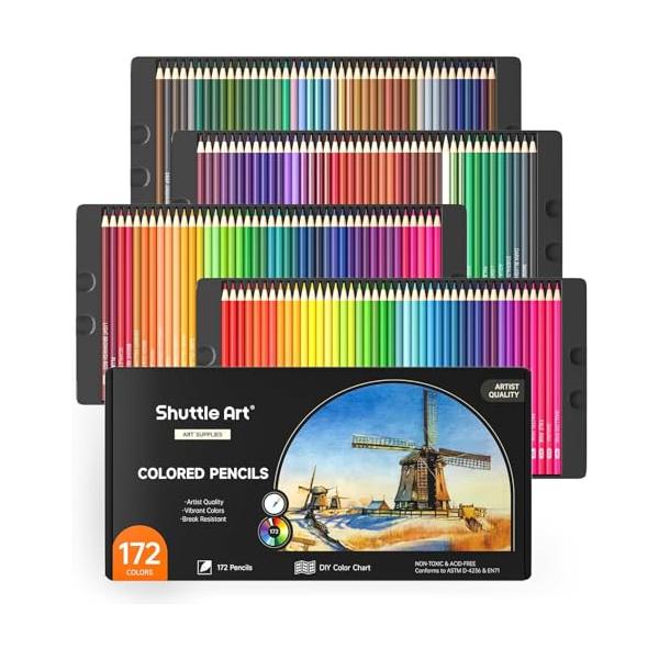 Shuttle Art 色鉛筆 172色 油性色鉛筆 カラーペンセット 大人の塗り絵 メタリック色 イラスト デザイン デッサン 落書き 紙函