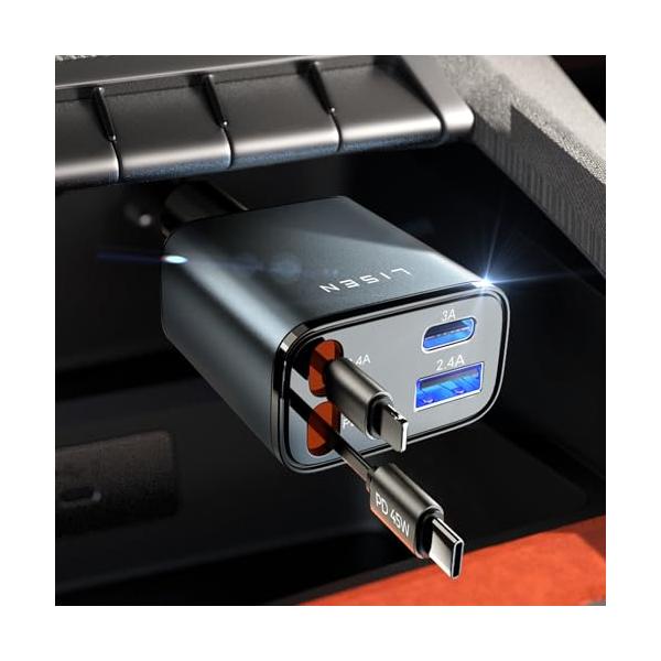 LISEN 車 充電器 巻き取りしがーソケット usb【2026年新・69W急速充電・最小4in1】シガーソケット USB-C + USB-L