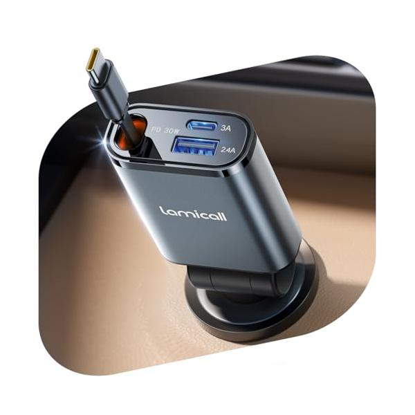 【超小型巻取り式】Lamicall シガーソケット 車 充電器：57Ｗ 急速 3in1 車載充電器 PD30W/PPS対応 12/24V車対応