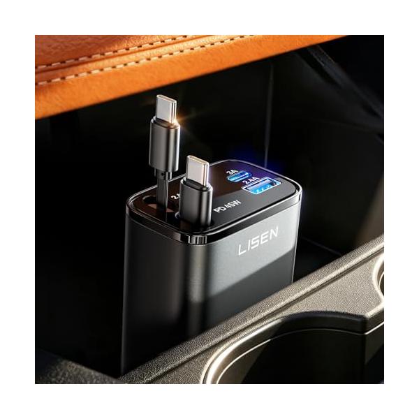 LISEN 84Wシガーソケット usb c 車 充電器【巻き取り式・タイプc 2本・2026最小4in1設計】しがーソケット usb 急速充電