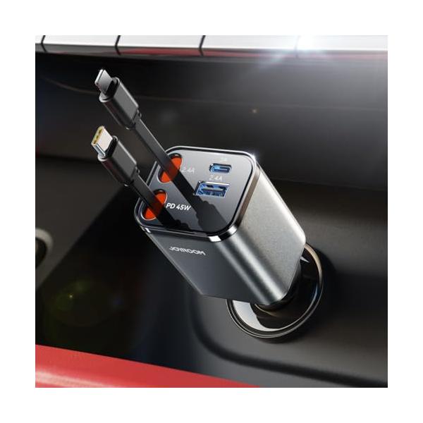 JOYROOM 車 充電器 シガーソケット usb-c 【4-in-1巻き取り式】 巻き取り式充電ケーブル 車載充電器 4ポート 伸縮ケーブル搭